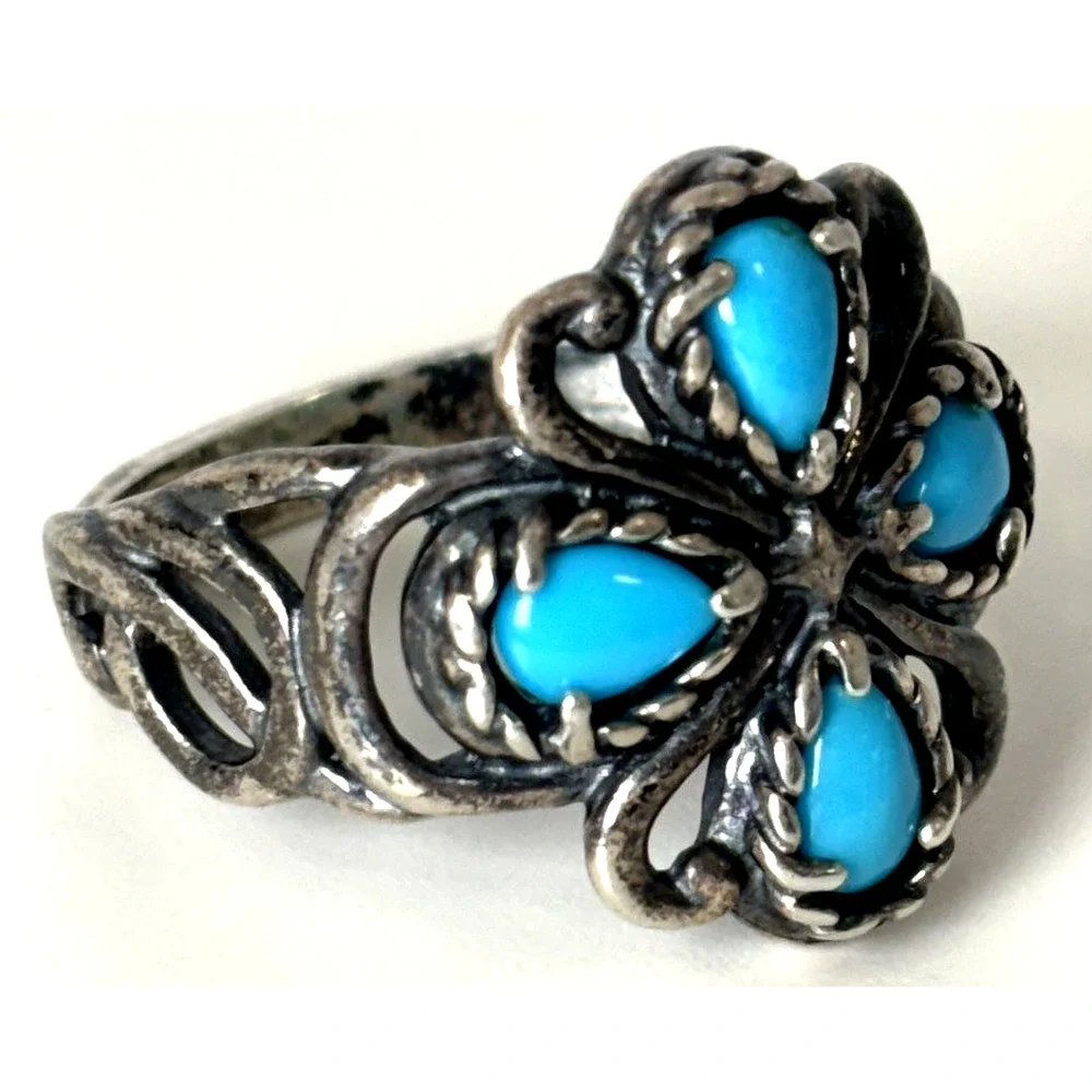 CAROLYN POLLACK Relios 925 Silver Blue Turquoise Floral Cluster Ring Size 10 7g